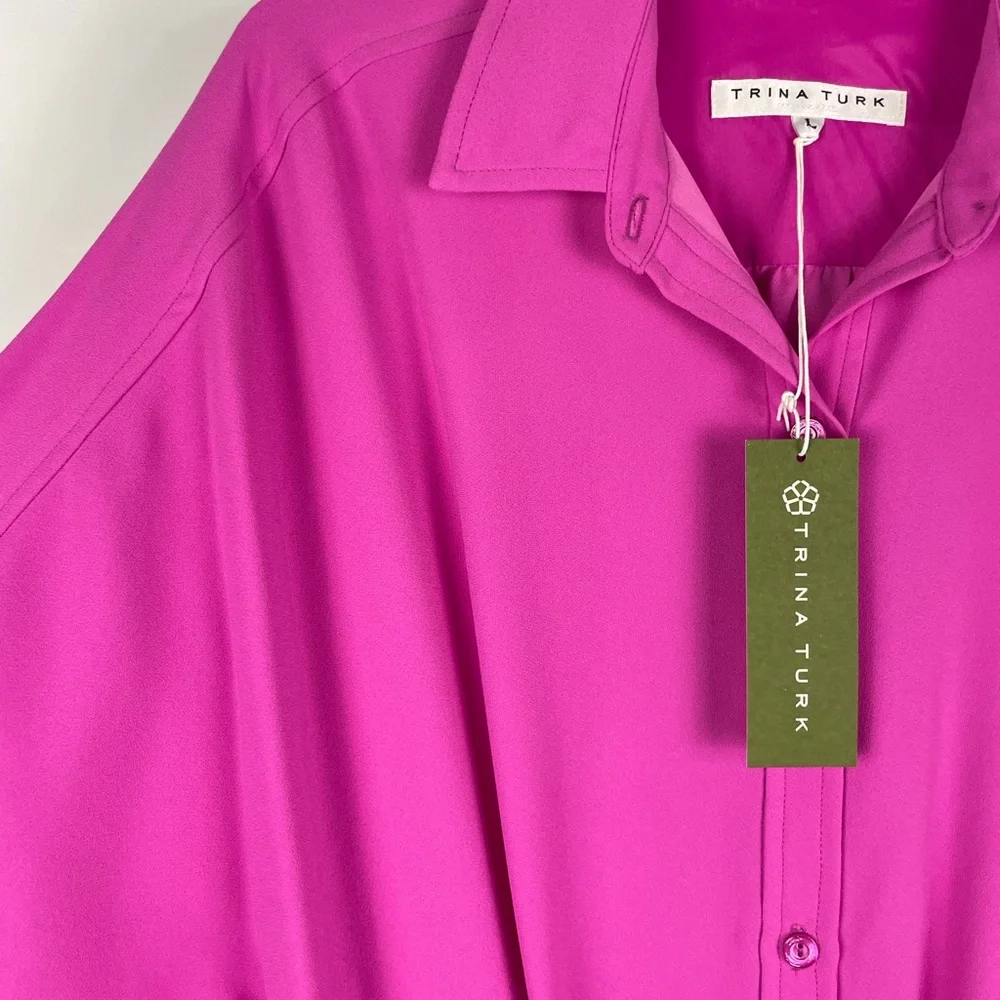 Trina Turk Vibrant Pink‎ Casual Preppy Button Up Collared Shirt Dress